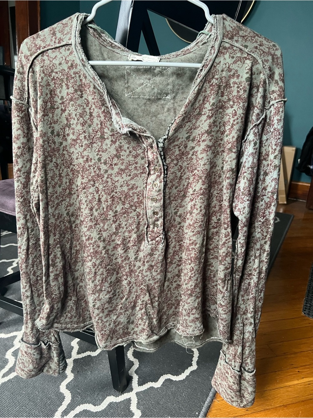 We The Free Olive Green and Dusty Rose Floral Long Sleeve Henley
